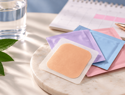 "HRT transdermal patch with medication packaging, representing UK HRT patch shortages in October 2026 affecting Estradot and FemSeven Conti."