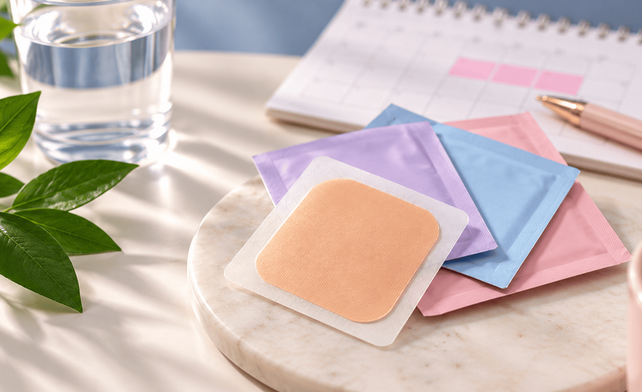 "HRT transdermal patch with medication packaging, representing UK HRT patch shortages in October 2026 affecting Estradot and FemSeven Conti."